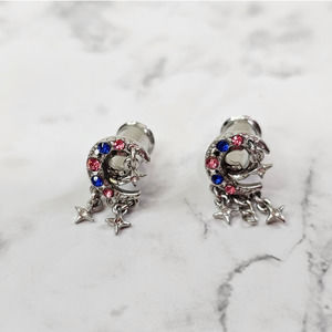 2g 6mm Ear Gauges Moon Star Silver Metal Dangle Saddle Double Flare Tunnels